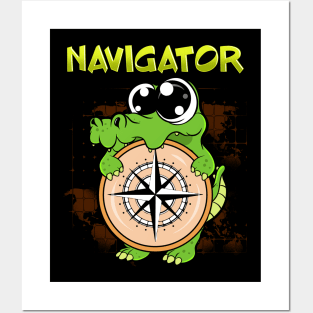 Cute & Funny Navigator Pun Alligator Compass Posters and Art